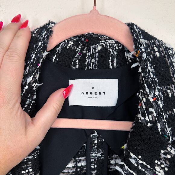 Argent Tweed Wool Blend Single Button Black Plaid Boucle Blazer Jacket 8 - Picture 5 of 13